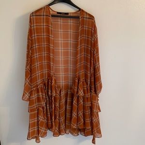 JRoberts Shear Plaid Ruffled Cover Up Cardigan Size L EUC